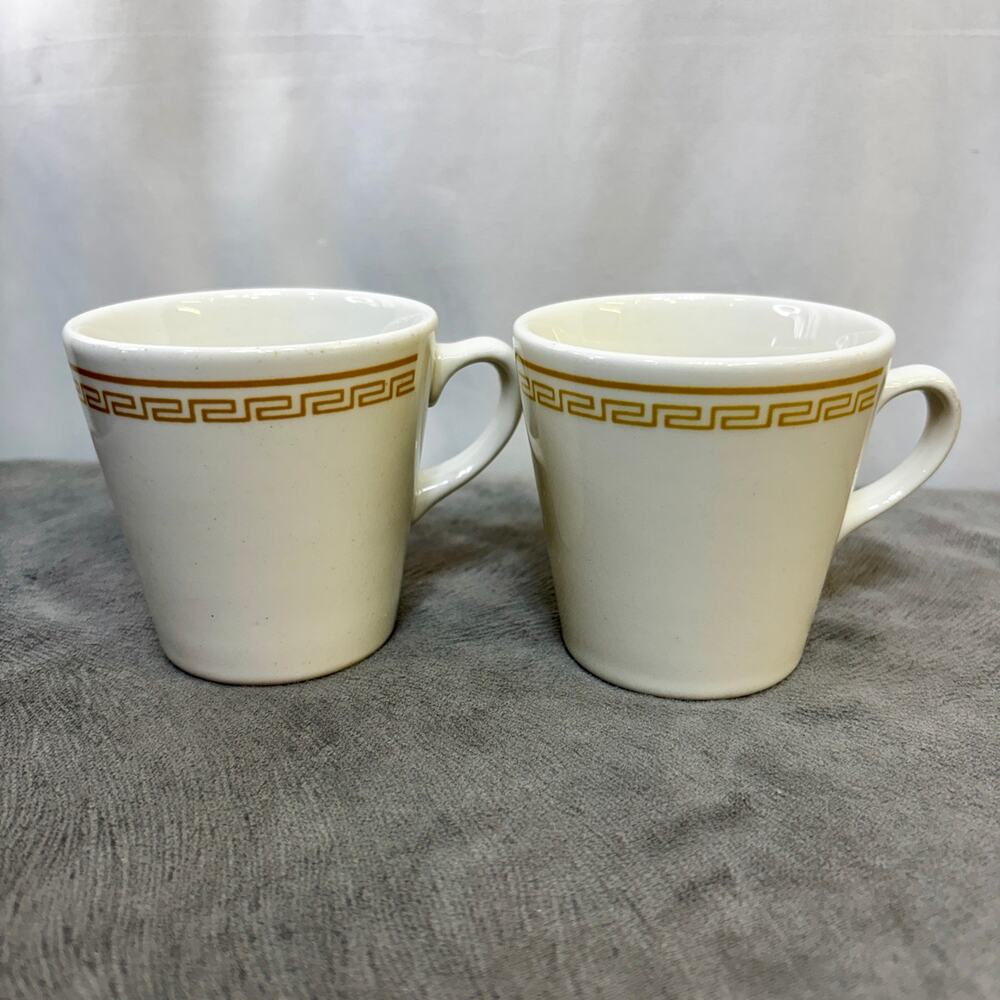 Homer Laughlin Athena Greek Key Restaurant Ware Cups Lot of 2 Off-White Yellow